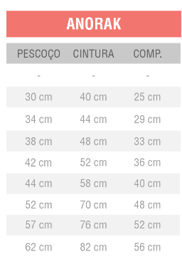 Tabela de medidas para anorak com colunas Pescoço, Cintura, Comp.
