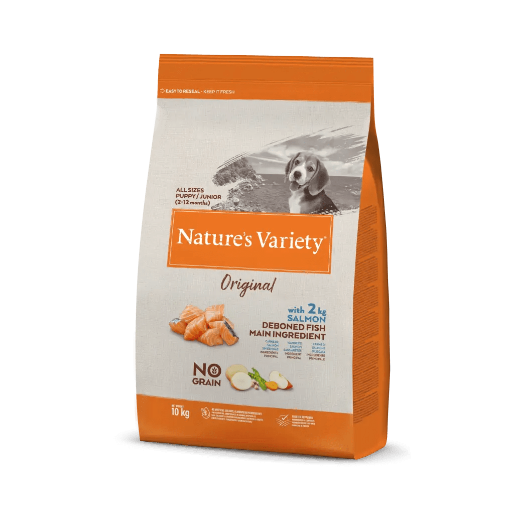 Saco de ração Nature's Variety Original para cães, branco e laranja, com imagem de cão e salmão