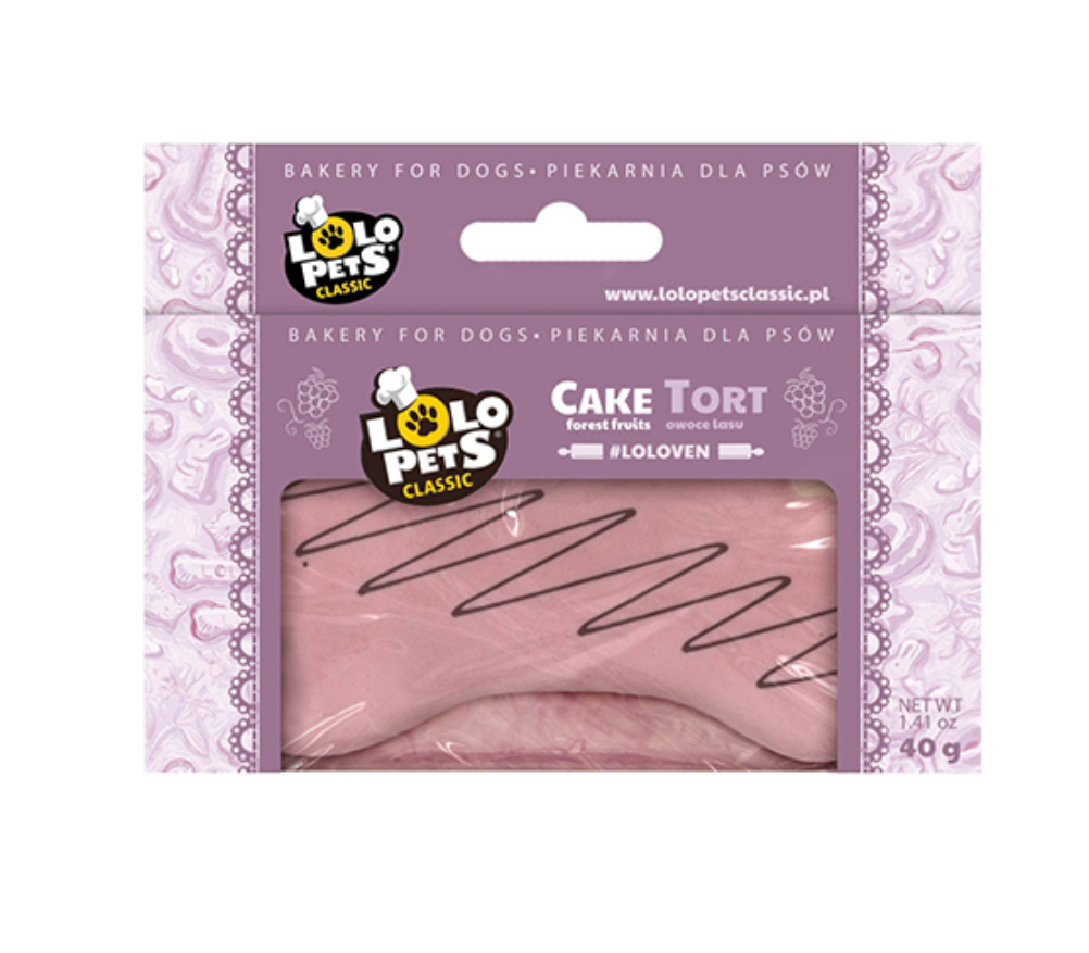 Embalagem de cake tort para cães Lolo Pets Classic cor rosa com detalhes de chocolate em embalagem lilás.