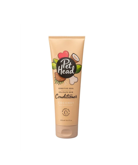 Frasco creme de condicionador Pet Head Coconut para pele delicada com ilustração colorida e texto visível