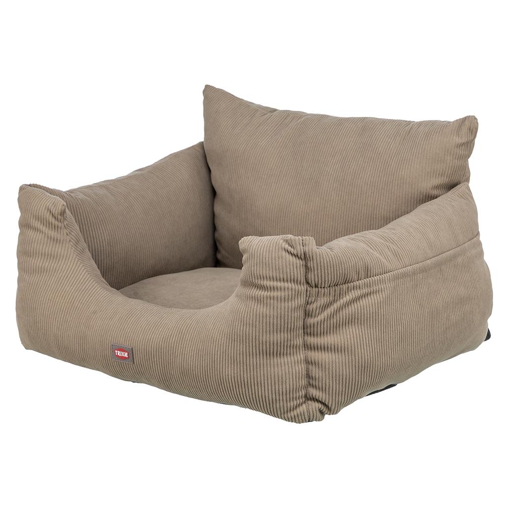 Cama para cão castanho claro em tecido canelado com almofadas acolchoadas