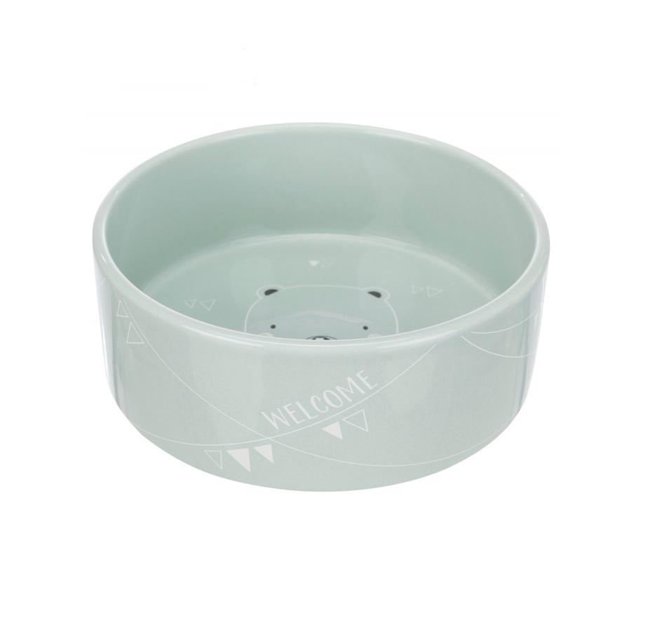 Comedouro verde-claro de cerâmica com texto 'WELCOME'