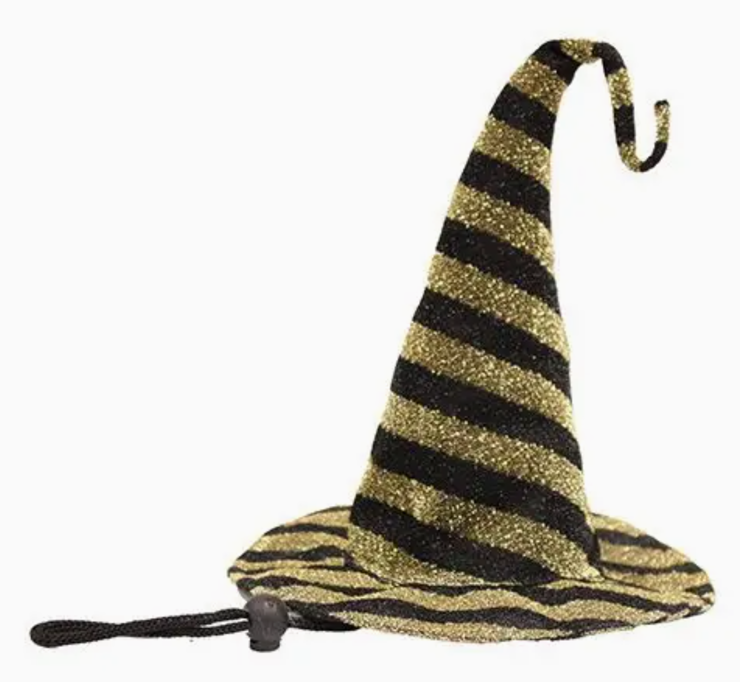 Chapéu cónico riscas preto e dourado brilhante com cordão para ajuste