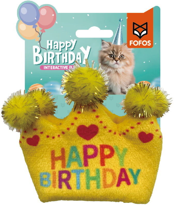 Brinquedo para gato coroa amarela com texto colorido happy birthday e pompons