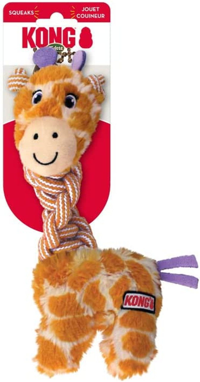 Brinquedo para cães KONG em forma de girafa com cabeça sorridente e corpo de corda laranja e branca
