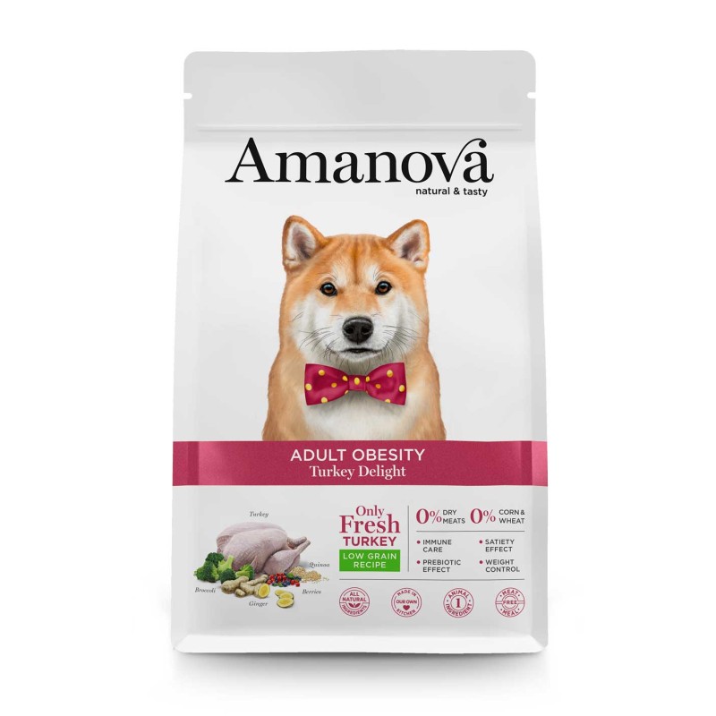 Embalagem de ração para cães Amanovâ Adult Obesity Turkey Delight com cão e selo de ingredientes frescos.