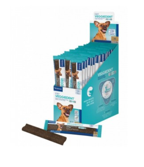 Barras VEGGEDENT para cães em embalagem azul com imagem de cão