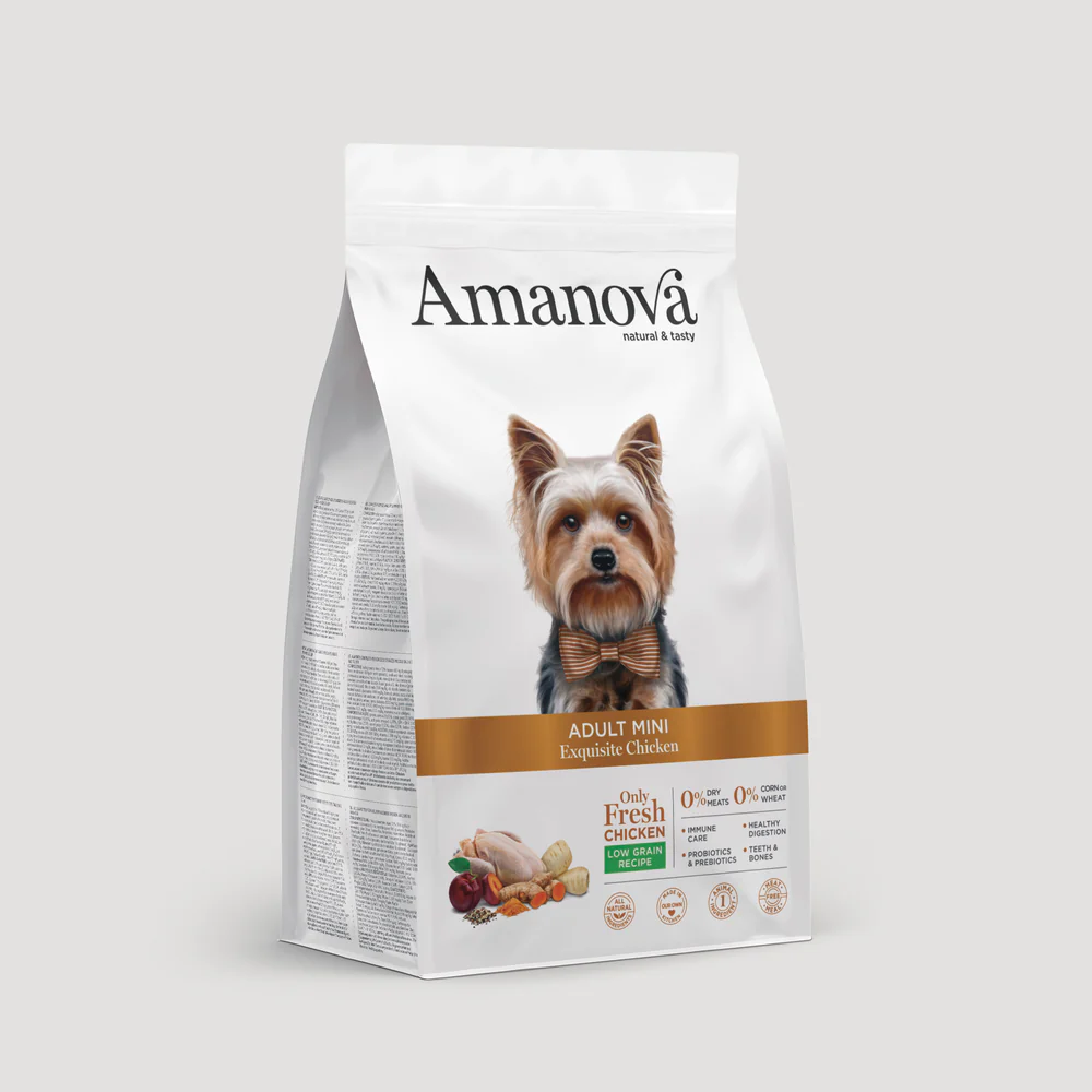 Pacote branco de ração para cão Amanova Adult Mini sabor Exquisite Chicken com imagem de cão