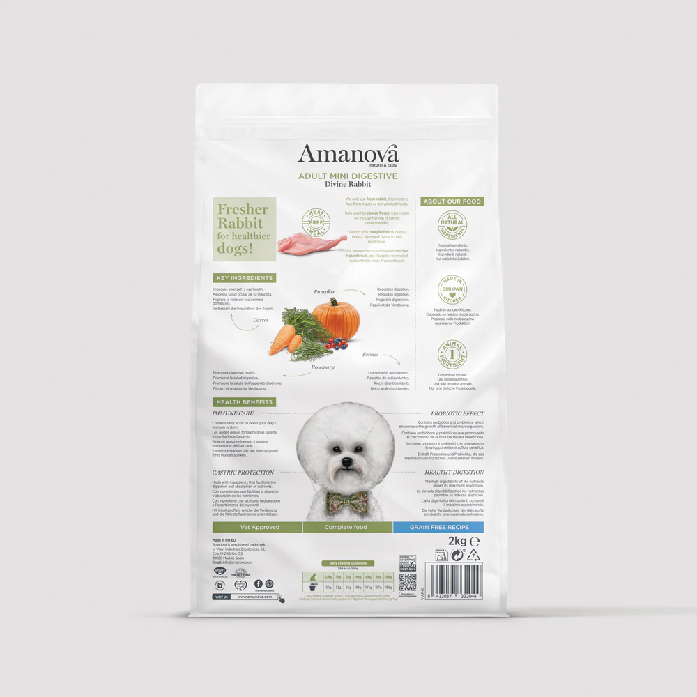 Saco branco de ração Amanova para cães adultos mini sabor Coelho Divino com texto e foto de cão