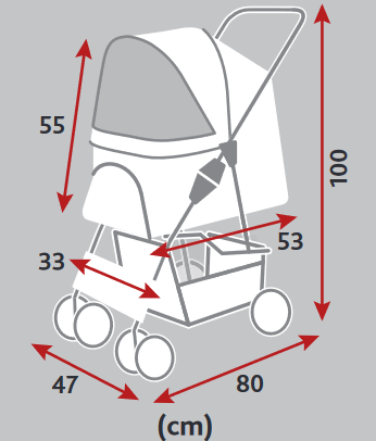 Desenho de carrinho de bebé cinzento com dimensões em centímetros