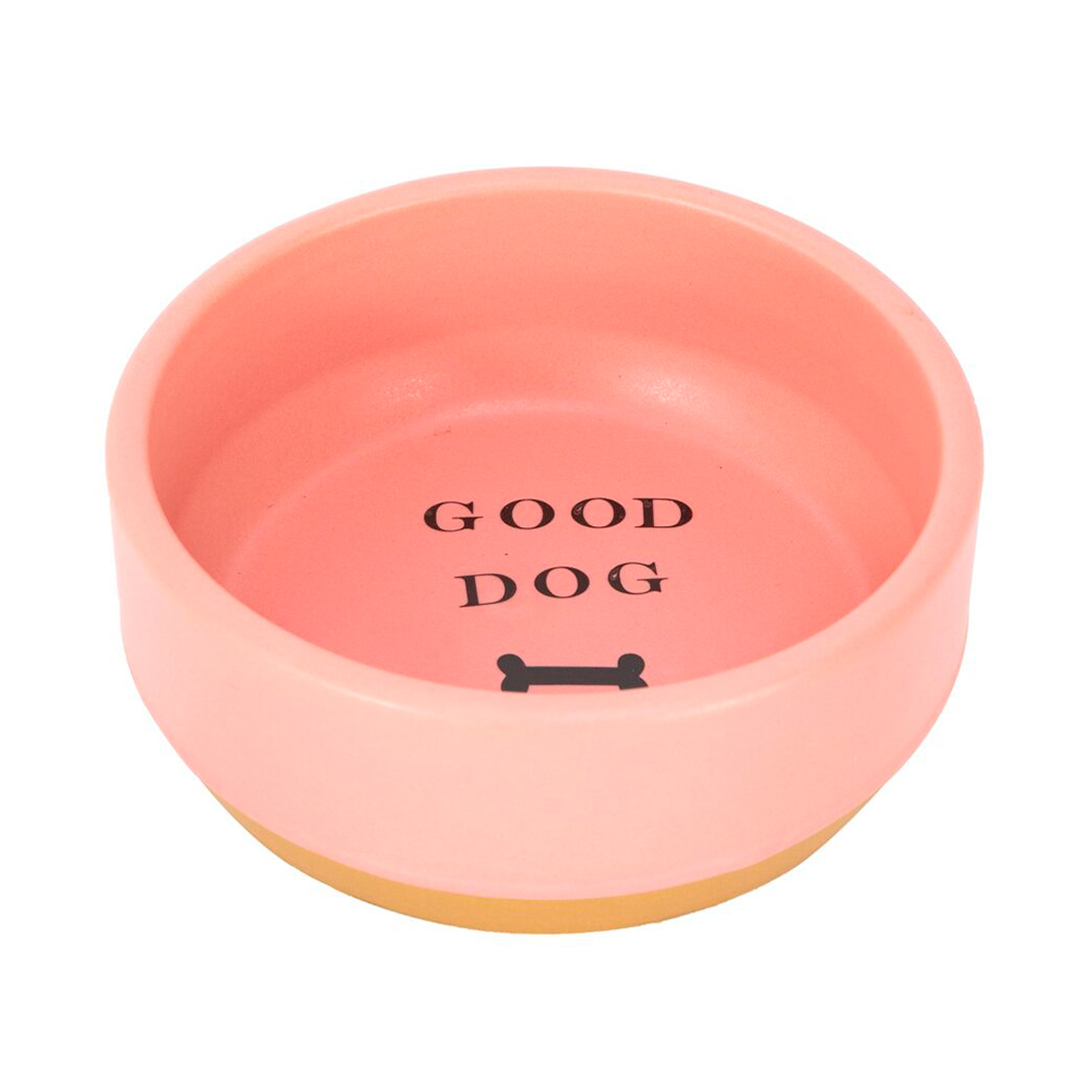 Tigela para cães cor de rosa com texto GOOD DOG e ícone de osso