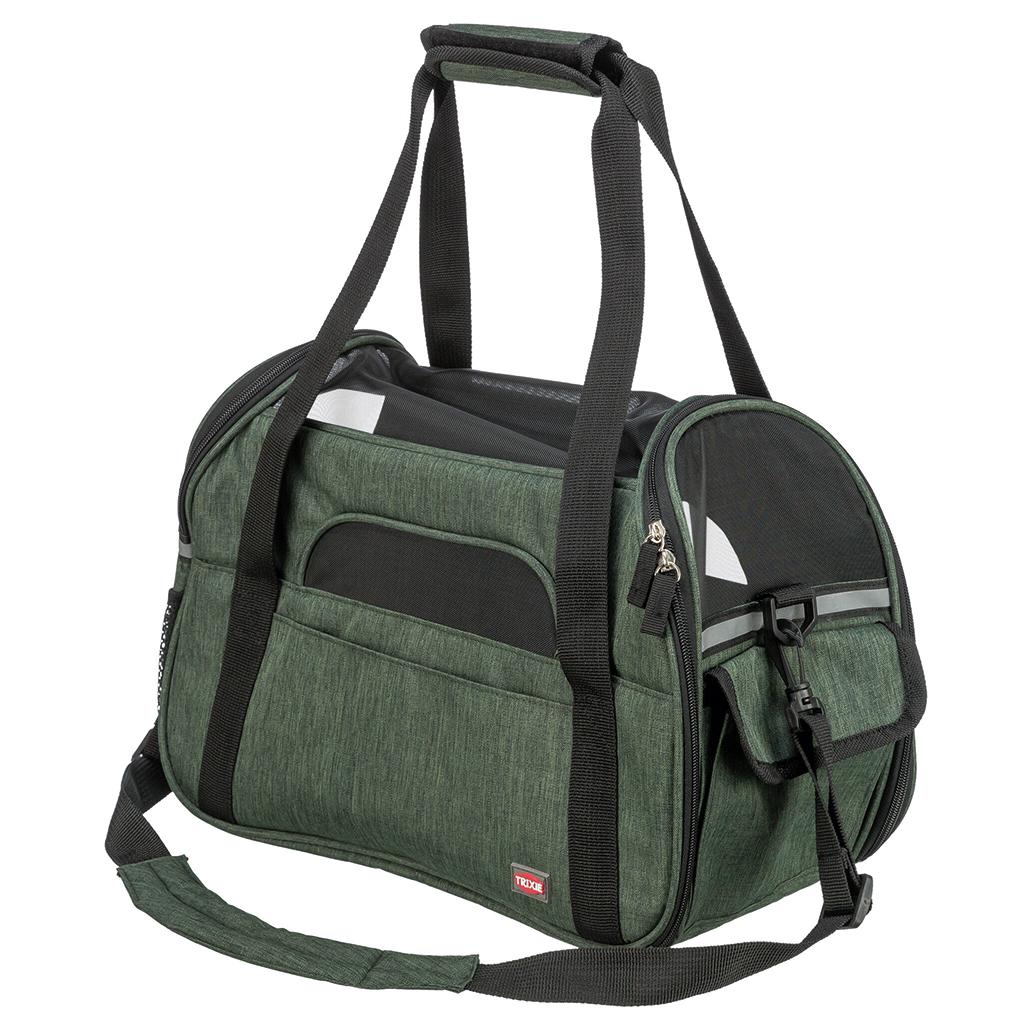 Bolsa transportadora para animais verde com rede preta e alças pretas