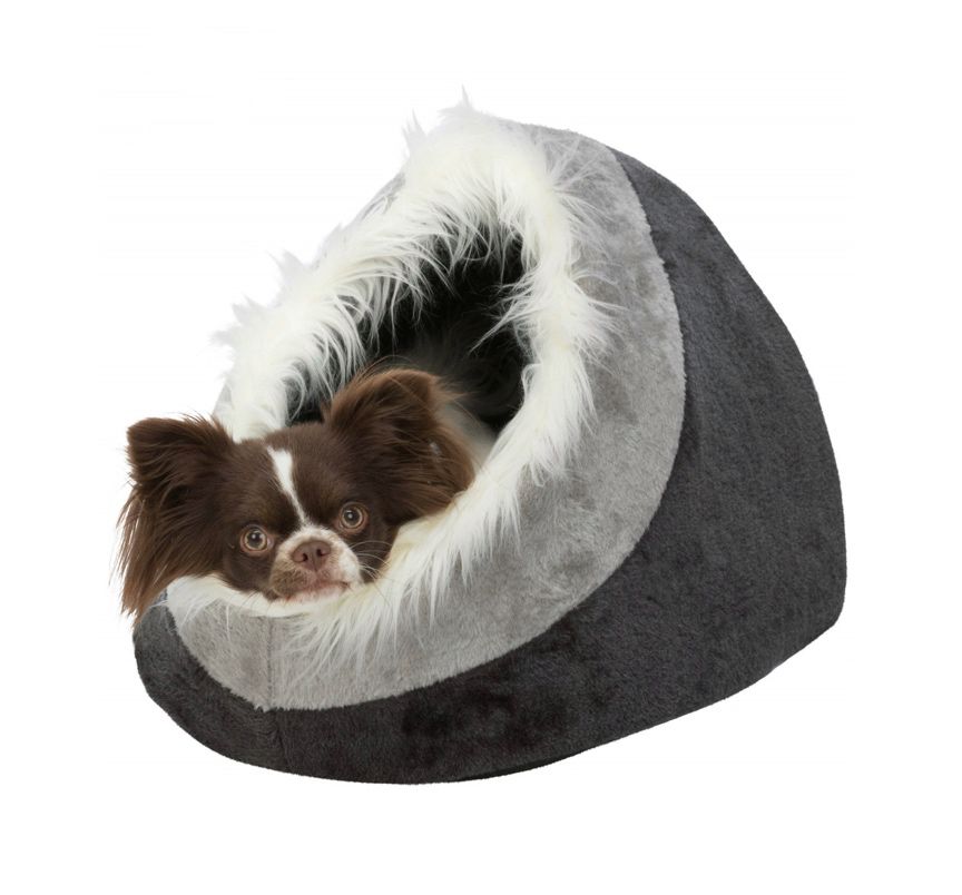 Cama para cão em forma de casulo com tecido cinzento e detalhe felpudo branco