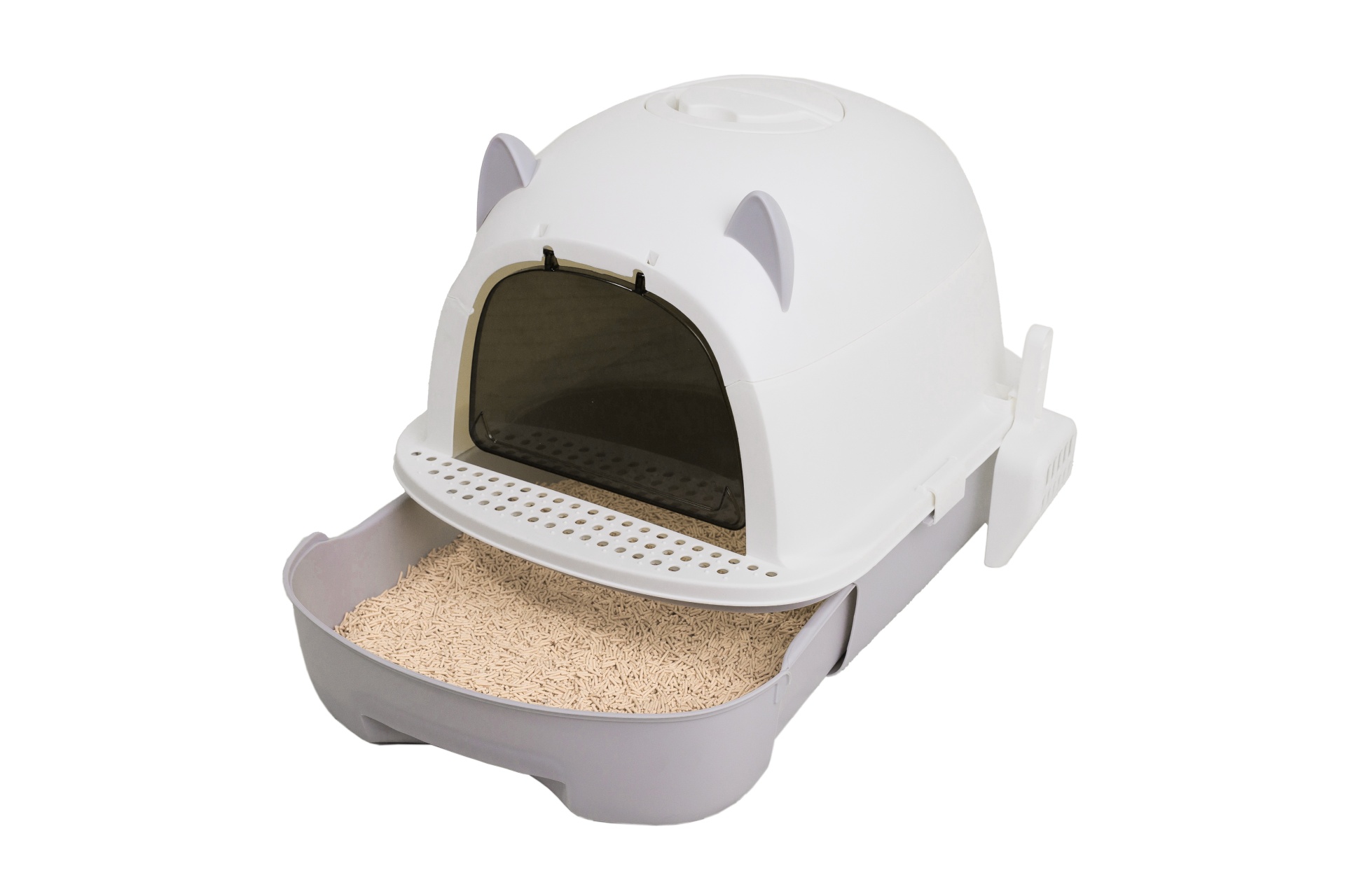 Casa de banho para gato em plástico cinzento e branco com tampa com orelhas e porta escura