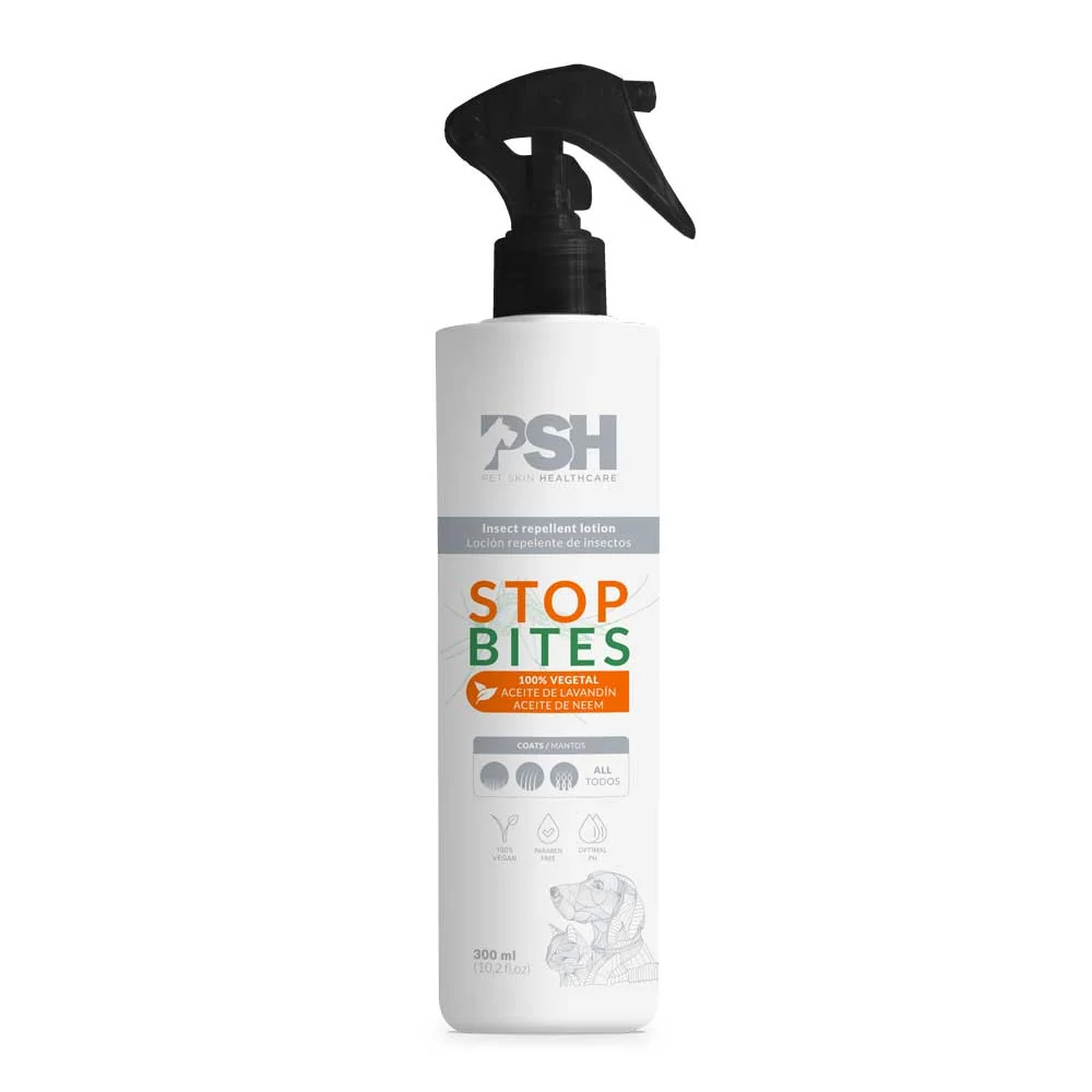 Frasco branco com borrifador preto de loção repelente de insetos PSH STOP BITES 300 ml