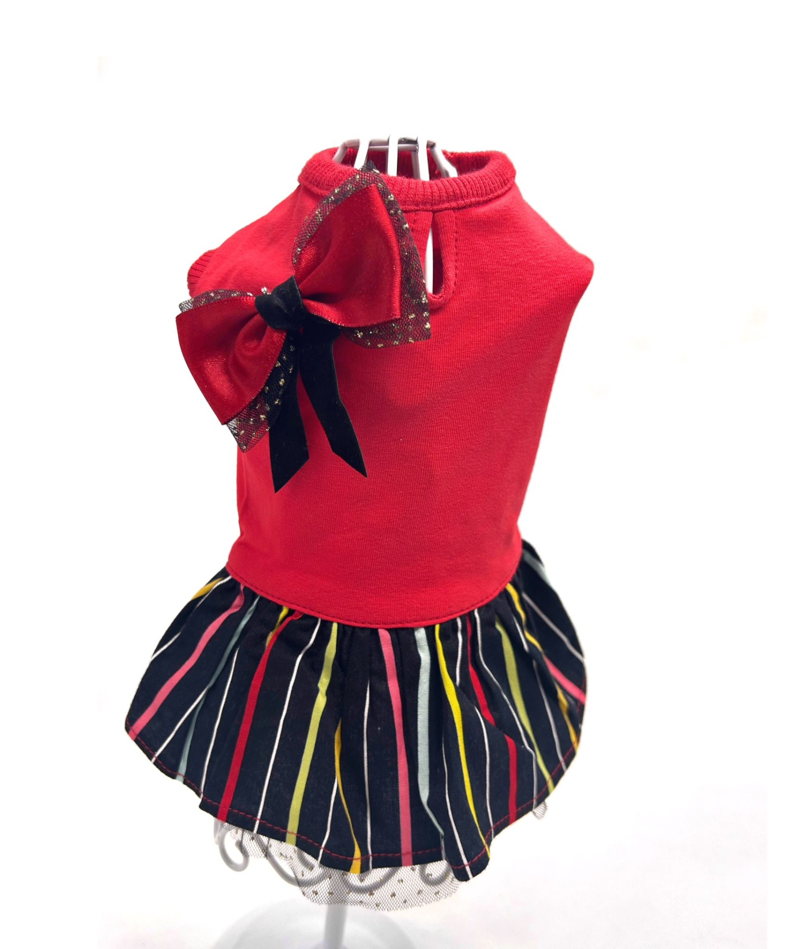 Vestido para cão vermelho com laço e saia listrada