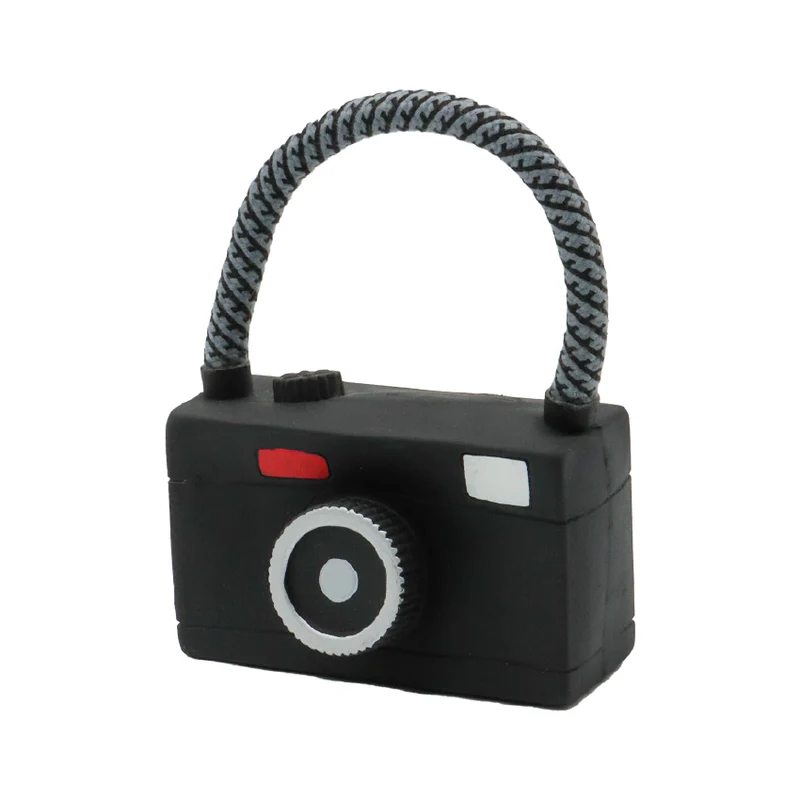 Cadeado preto em forma de câmera fotográfica com alça trançada cinza e preta