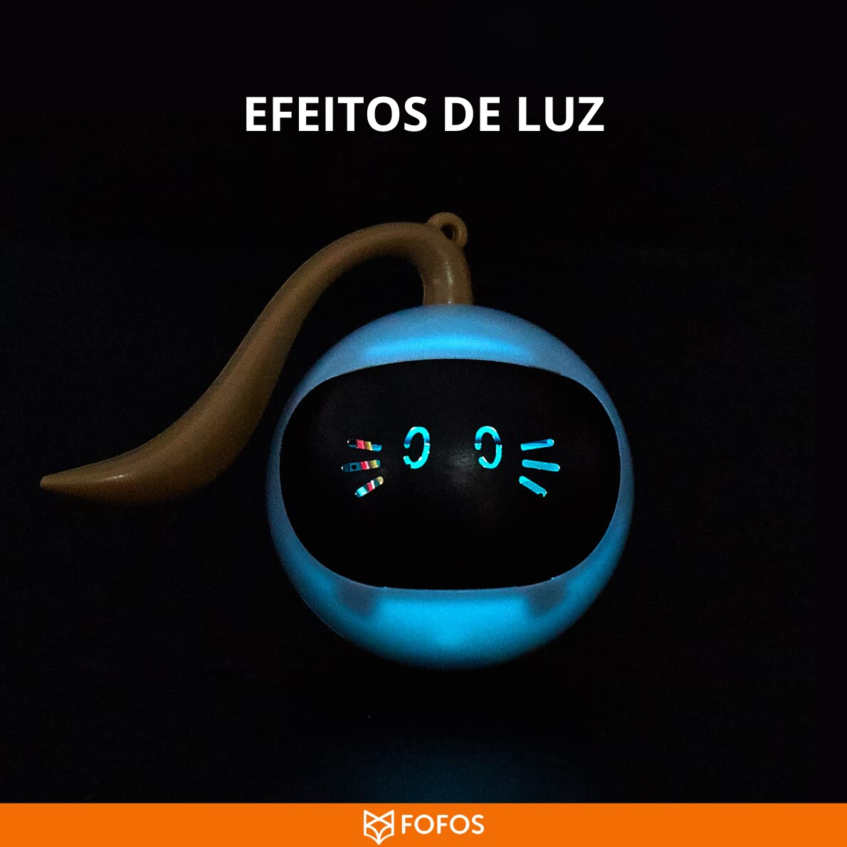 Luminária redonda azul com rosto luminoso e texto 'EFEITOS DE LUZ'