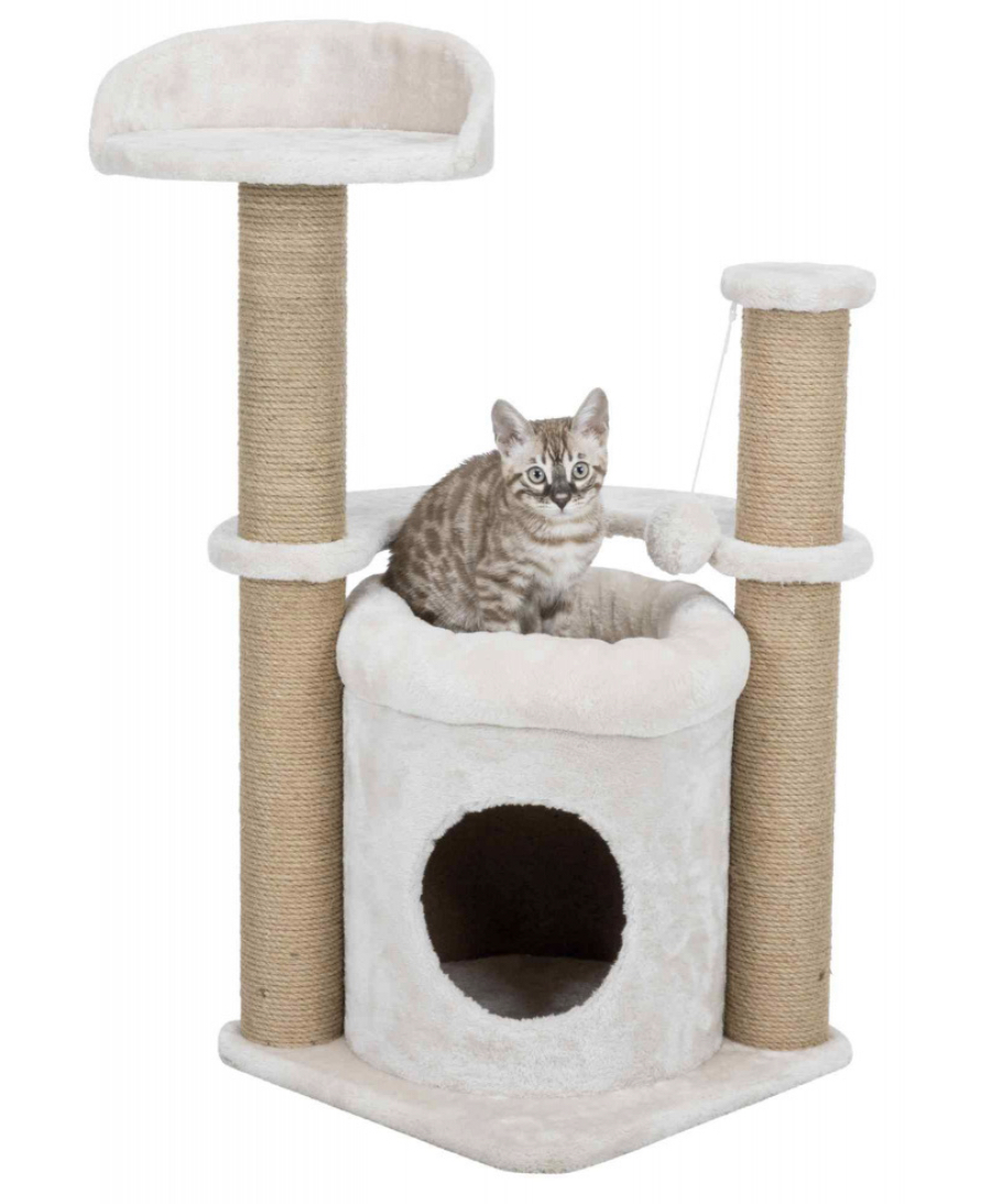 Arranhador bege para gatos com postes de sisal, cama suspensa e casa cilíndrica com gato