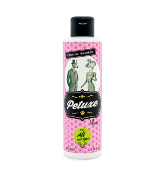 Frasco de shampoo Petuxe com tampa preta e rótulo rosa com design vintage
