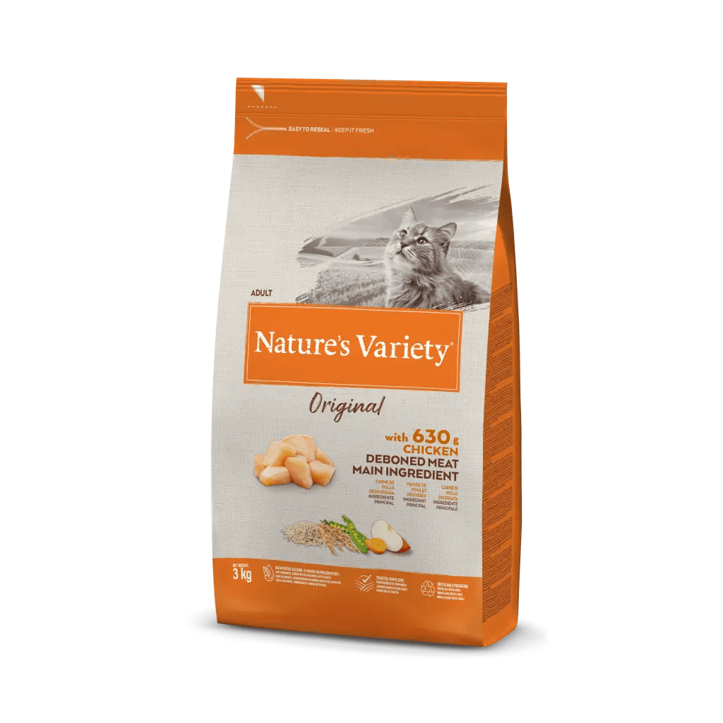 Saco laranja e cinza de ração para gato Nature's Variety com foto de gato e texto sobre ingredientes