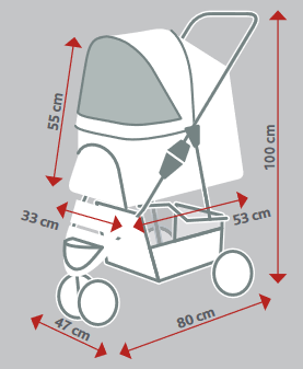 Carrinho de bebé cinza e branco com dimensões indicadas em vermelho