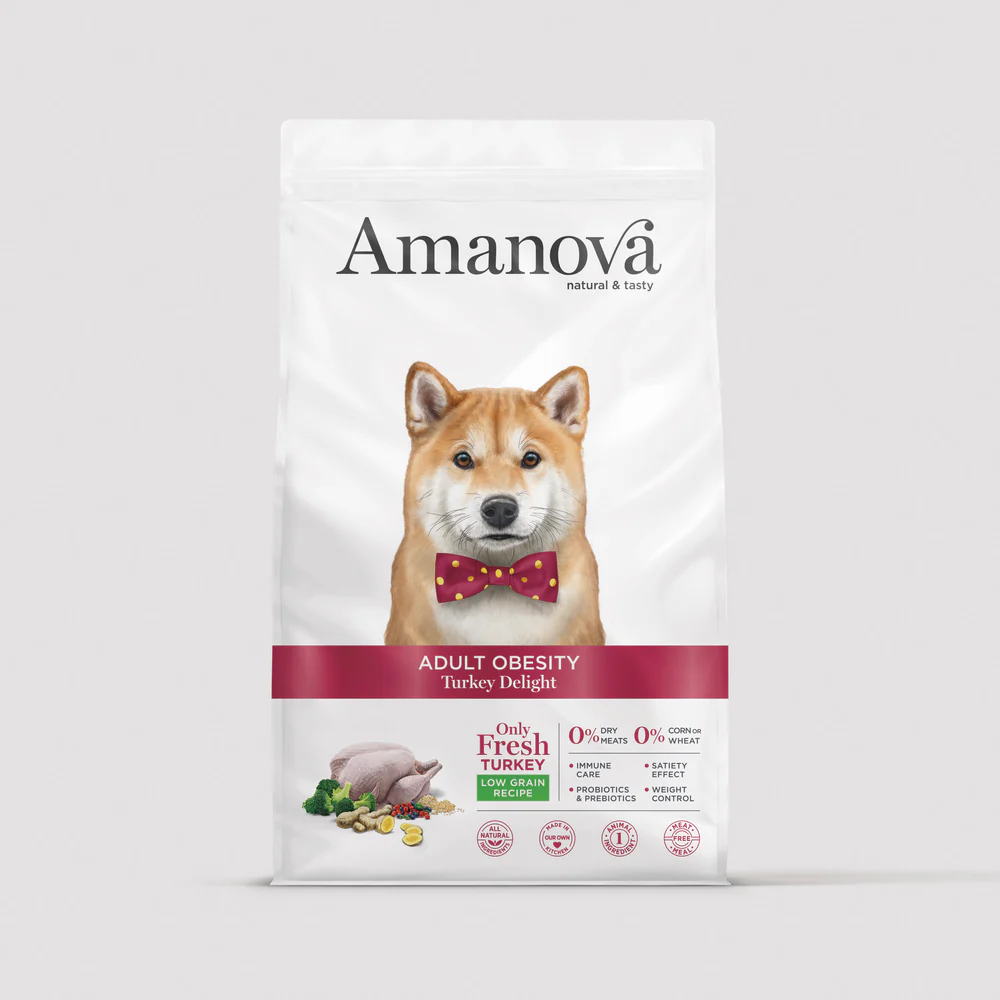 Pacote branco de ração para cães Amanova adulto obesidade sabor Peru com cão e texto informativo