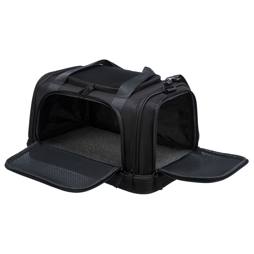 Mala de transporte preta para animais com aberturas e alças
