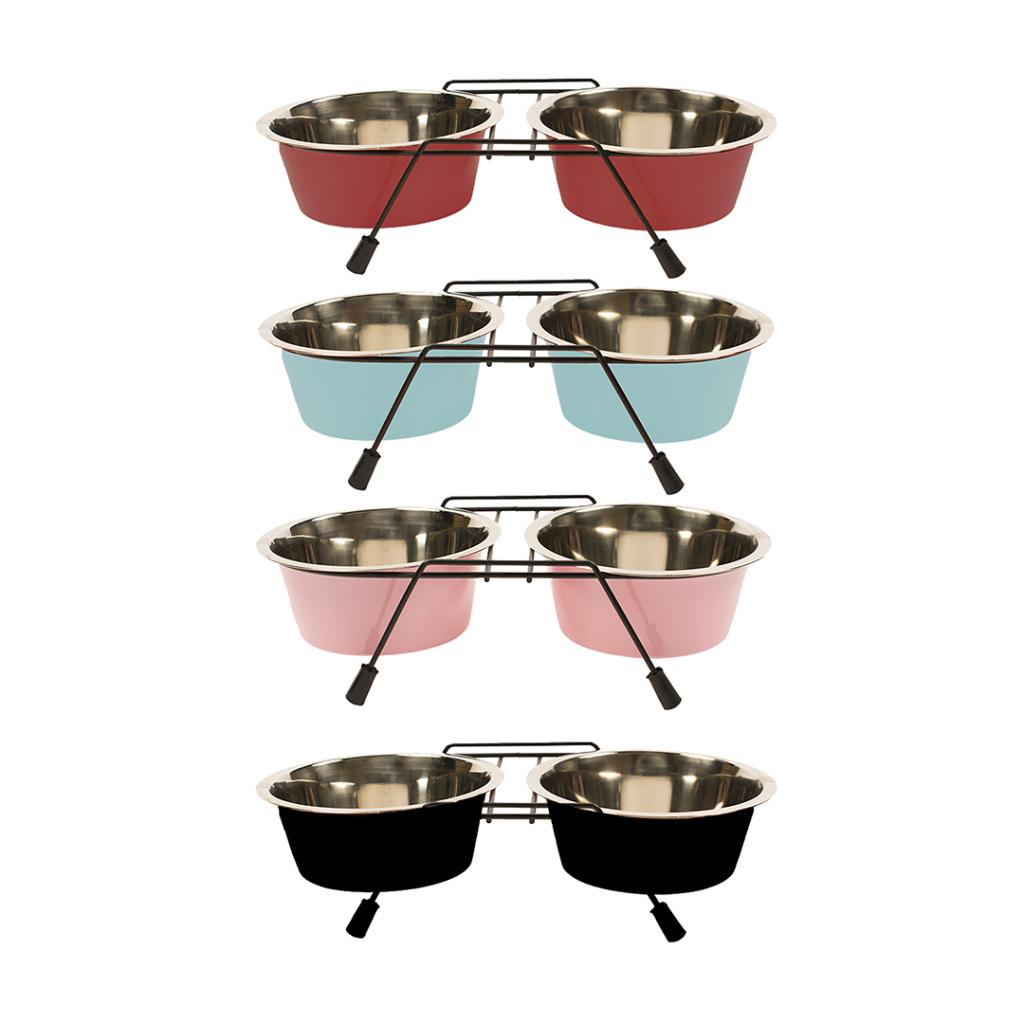 Comedouros duplos para animais em metal com suportes coloridos