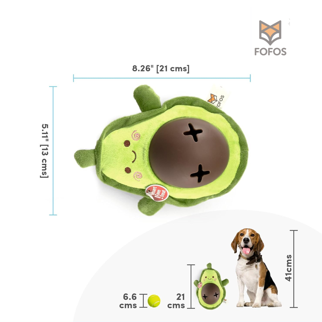 Brinquedo para cães em forma de abacate verde e castanho com marcas pretas aveludado