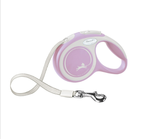 Trela retrátil para cão rosa e branco com gancho metálico