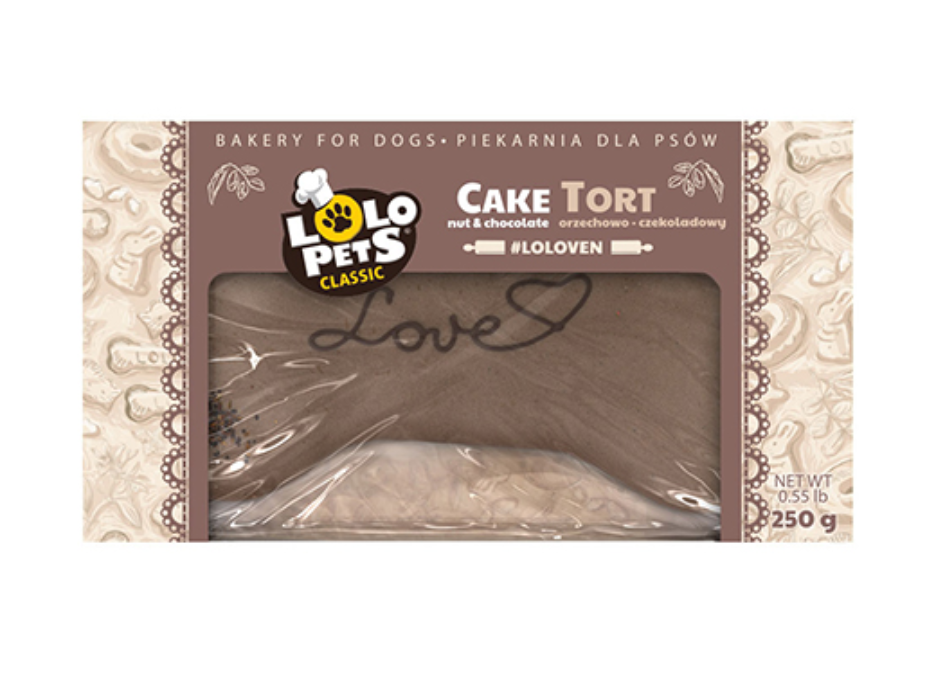 Embalagem de pastelaria para cães Lo Pets Classic Cake Tort aveia e chocolate, 250 g