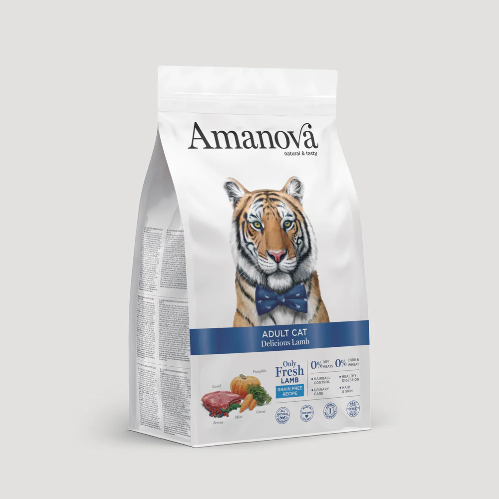 Saco de ração Amanova para gatos adultos com imagem de tigre e detalhes do produto.
