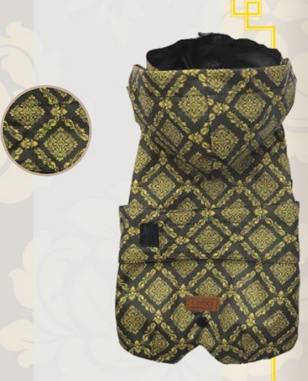 Casaco acolchoado para cão com padrão dourado e negro e capuz preto