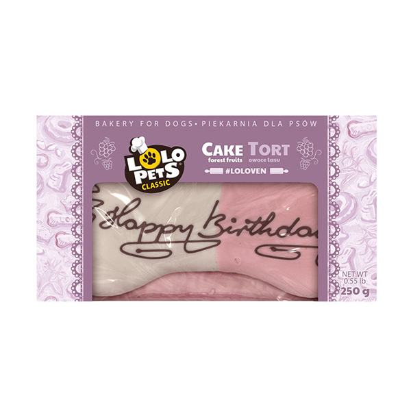 Ossos de biscoito para cães Lolo Pets Classic Cake Tort sabor frutas da floresta na embalagem roxa