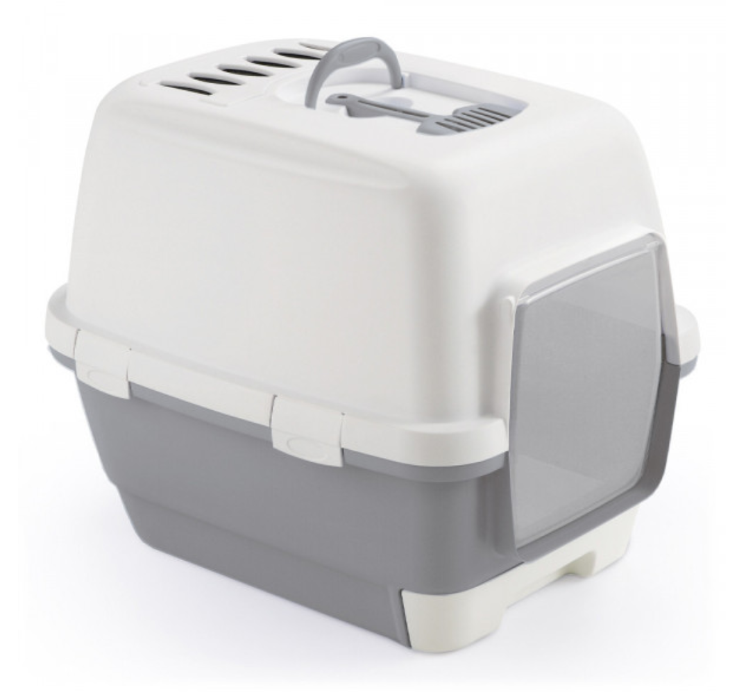 Caixa de transporte para animais de estimação cinzenta e branca com porta transparente