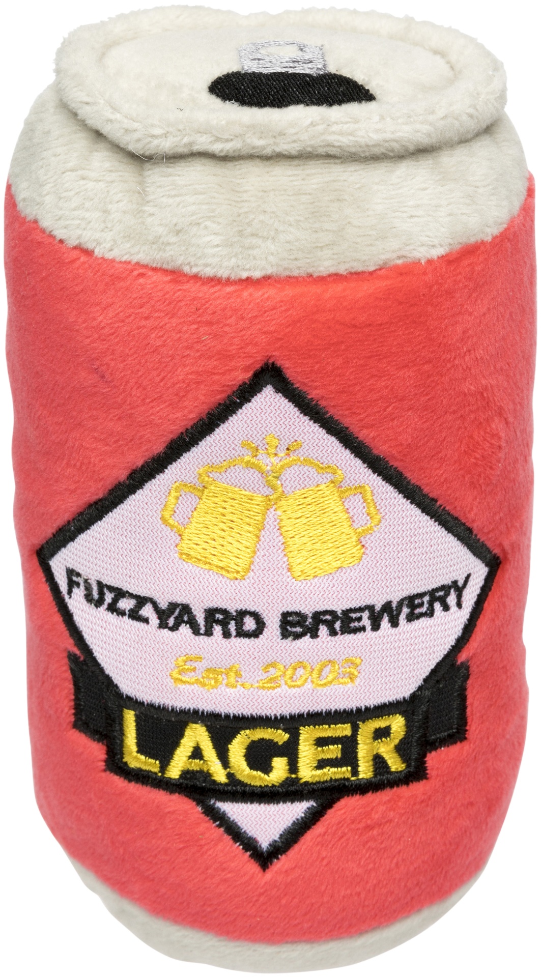 Pelúcia em forma de lata de cerveja vermelha com bordado amarelo e preto