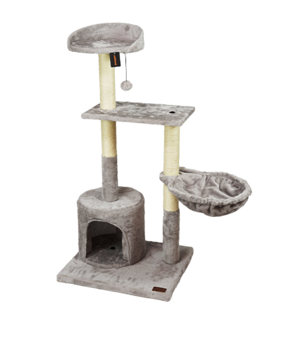 Arranhador cinza para gatos com postes de sisal, cama suspensa e casa fechada