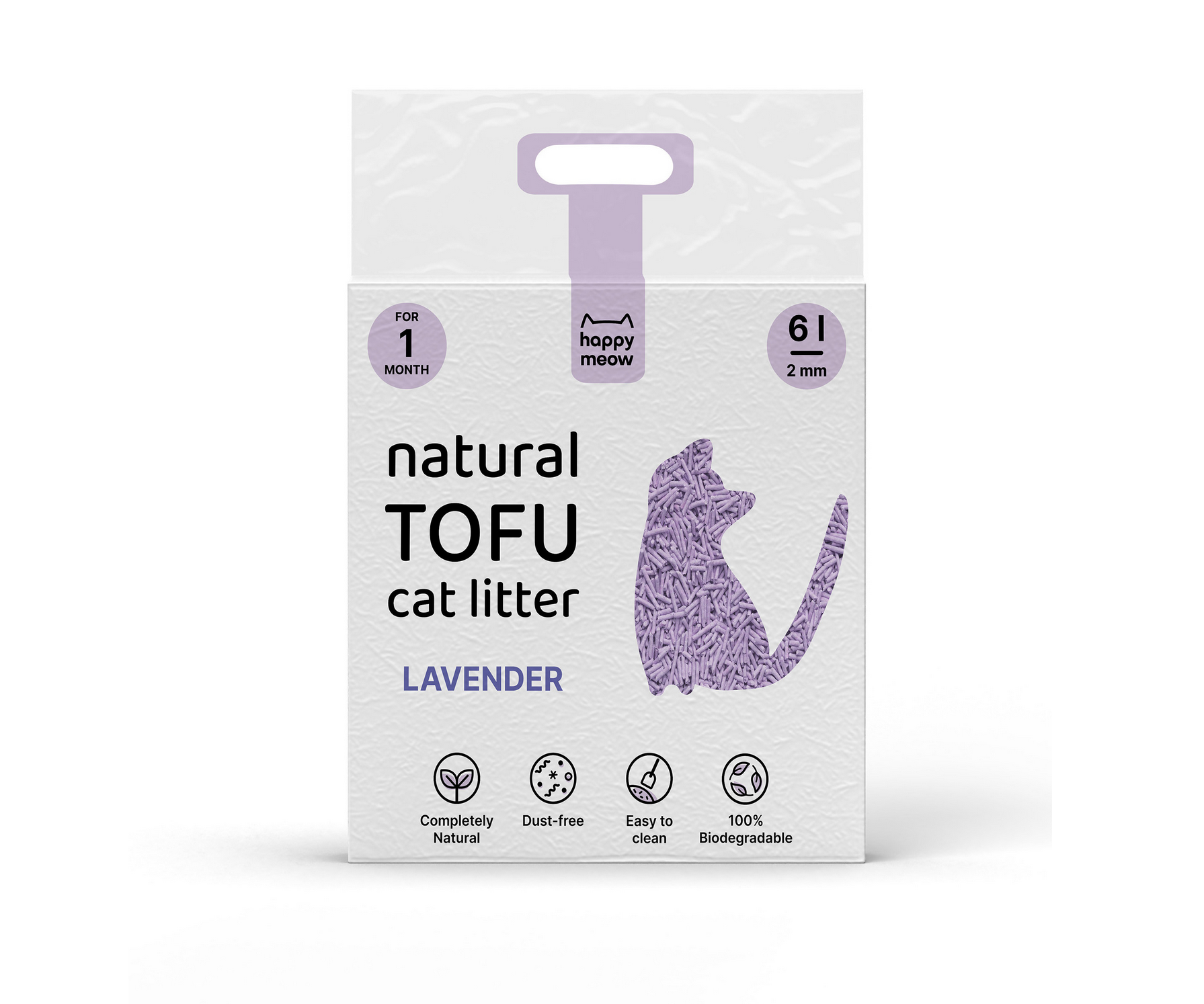 Saco de areia para gatos natural tofu lavanda com ilustração de gato roxo
