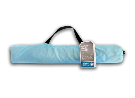 Guarda-sol azul claro enrolado com pega preta e etiqueta com texto