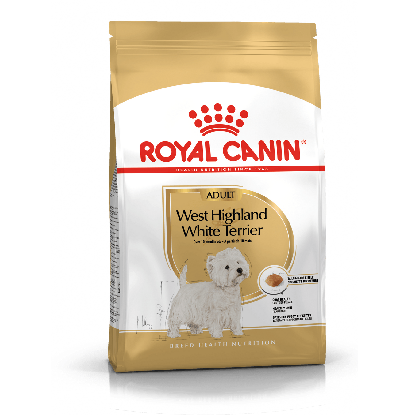 Pacote dourado e branco de ração Royal Canin para cães West Highland White Terrier