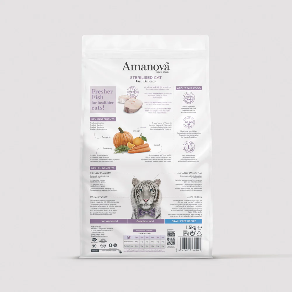 Embalagem de ração Amanova para gatos Esterilizados sabor peixe, 1.5kg
