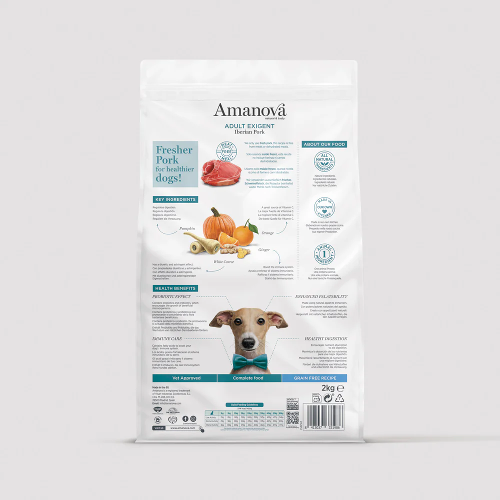 Embalagem de ração para cães Amanova com ilustração de cão e ingredientes visíveis