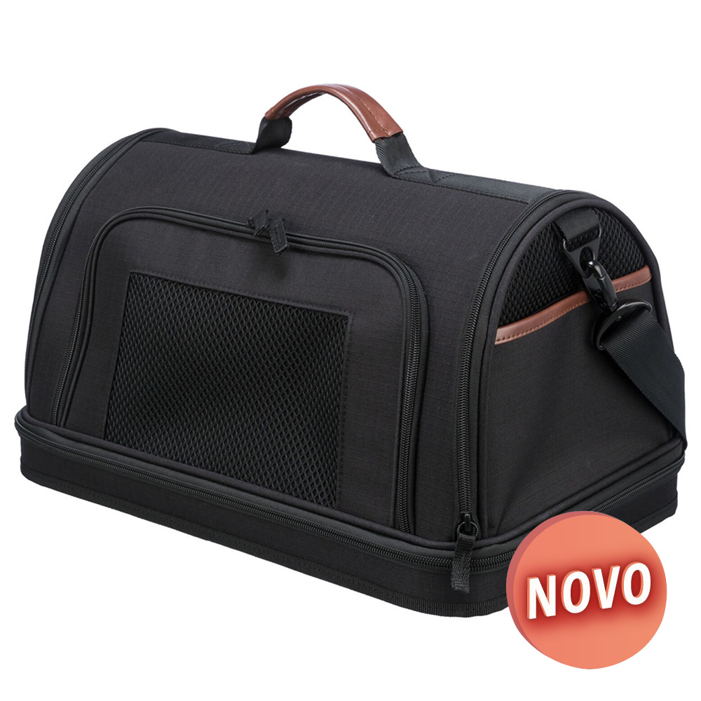 Bolsa de transporte preta com detalhes castanhos e etiqueta NOVO