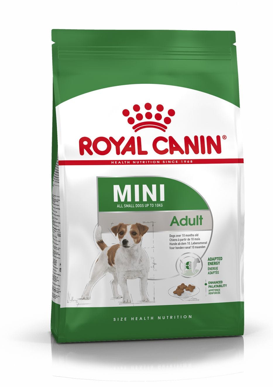 Embalagem de ração Royal Canin Mini Adult para cães pequenos até 10 kg, verde e branco, com imagem de cão