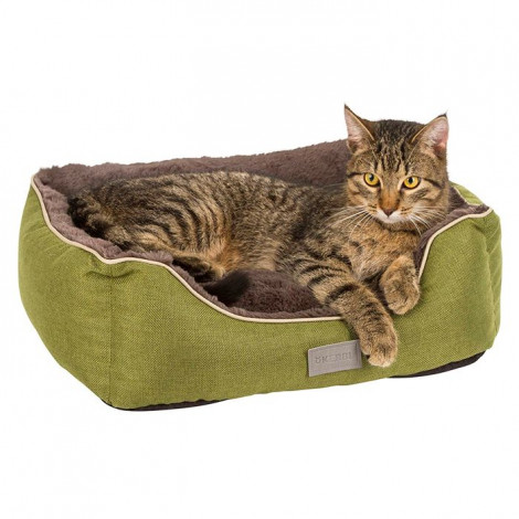 Cama para gato verde com interior acolchoado marrom escuro e gato tigrado deitado
