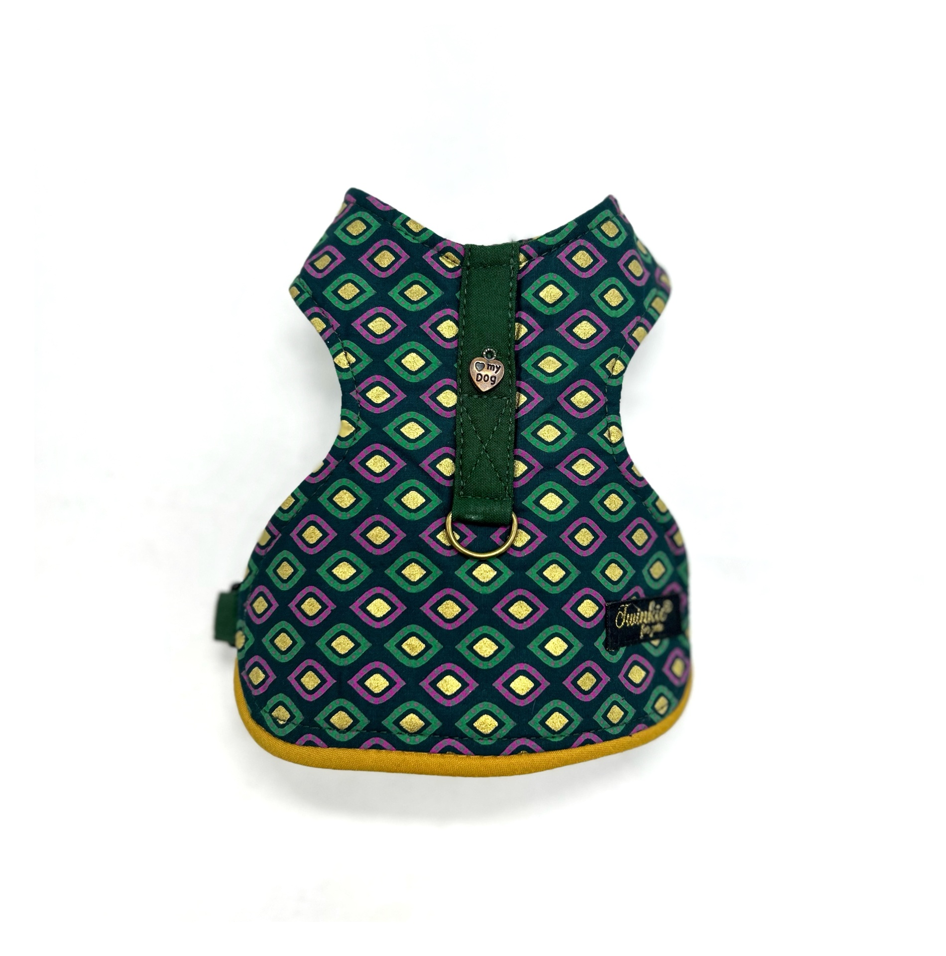 Arnês para animal de estimação com padrão geométrico colorido e detalhe metálico