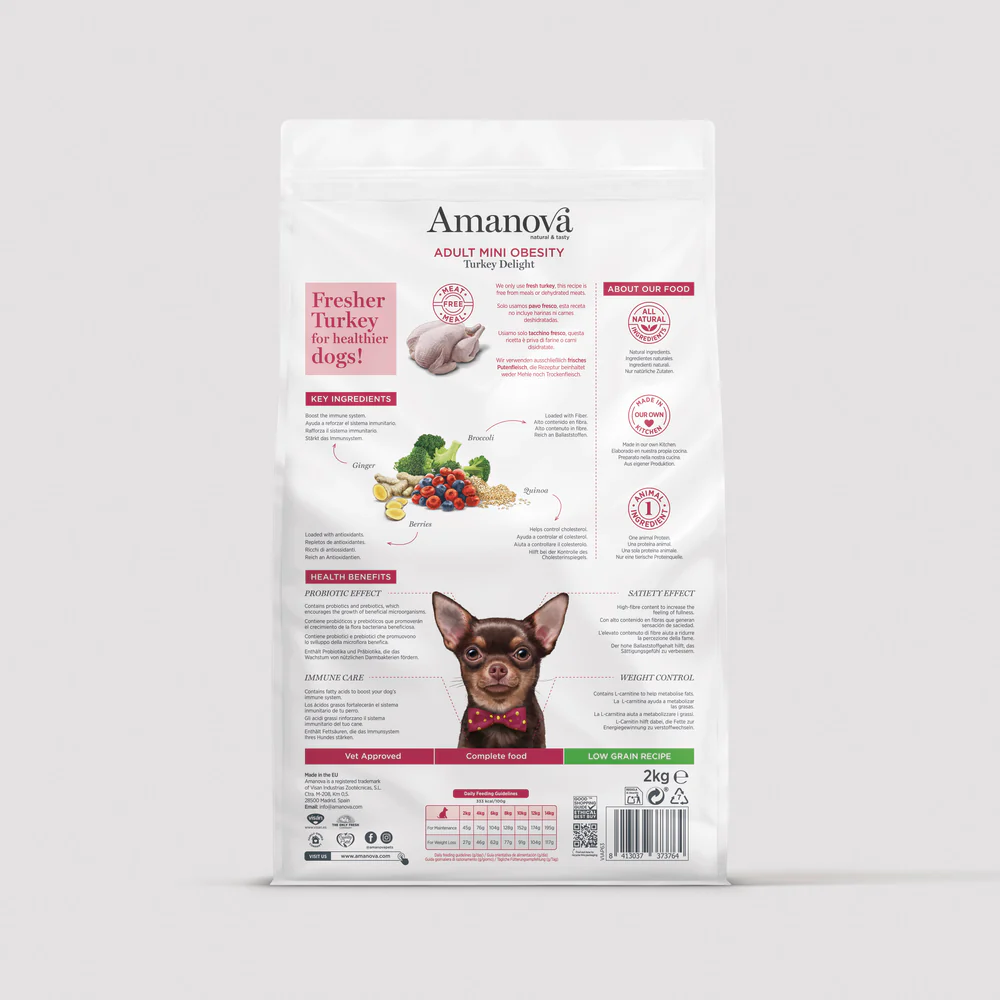 Saco de comida para cães Amanova Adult Mini Obesity Turkey Delight branco com texto e imagem de cão pequeno.