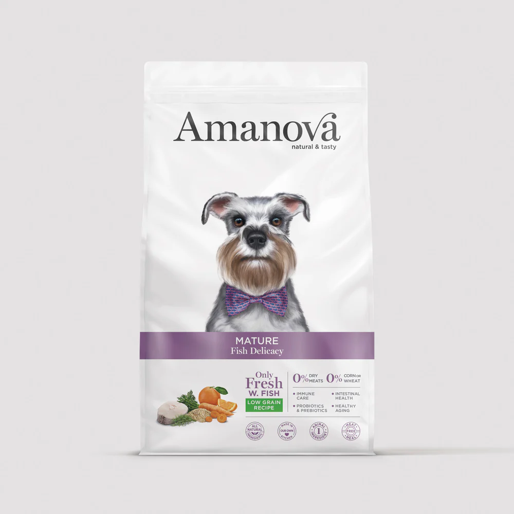 Saco de comida para cães Amanova com retrato de cão e texto informativo