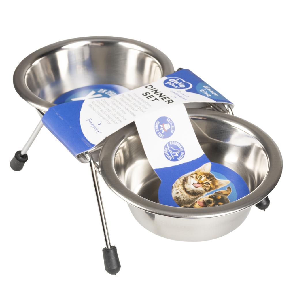 Conjunto de tigelas de aço inoxidável com suporte para animais
